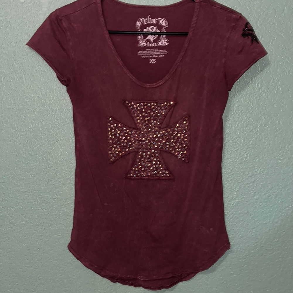 Velvet Stone Grunge beaded cross blouse with low neckline